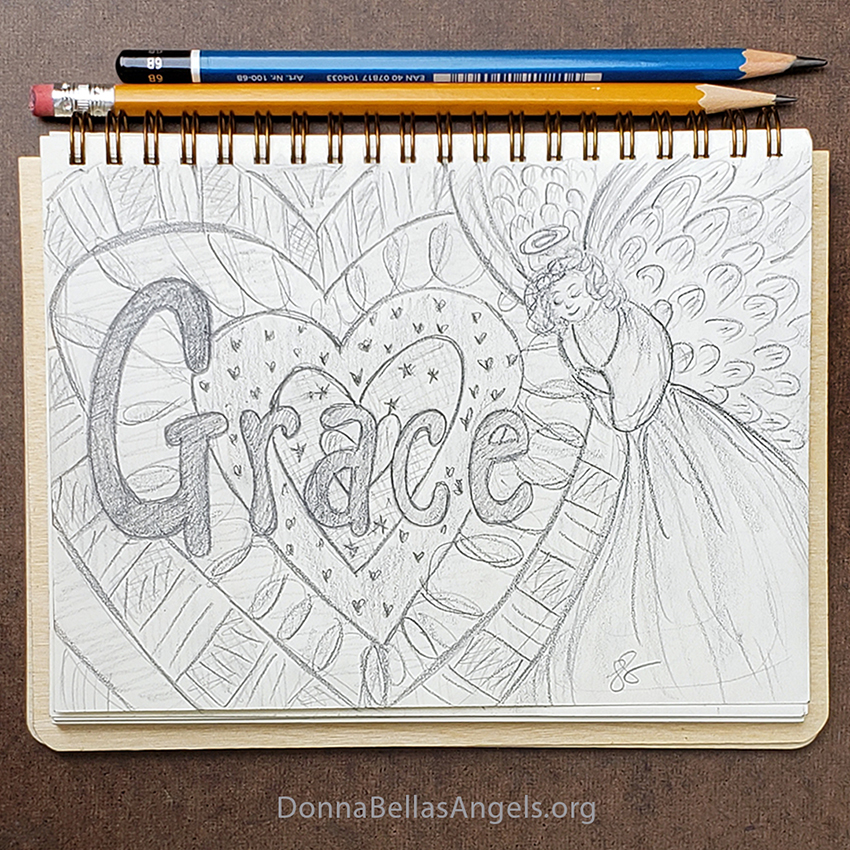 Heart with Grace Guardian Angel Art Sketchbook Pencil Drawing