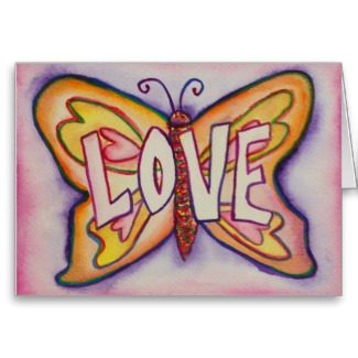 Love Word Pink Butterfly Greeting or Note Cards