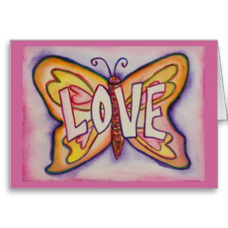 Love Word Pink Butterfly Greeting or Note Cards