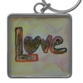 Love Word Art Golden Pastels Key Chain Metal Square