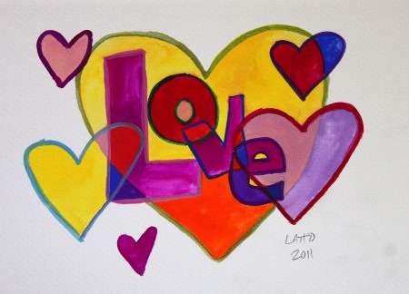 Patchwork Hearts Love Word Art Watercolor Painting