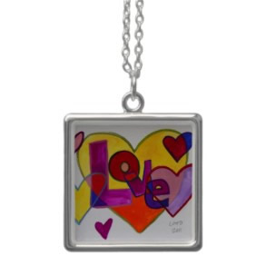 Love Patchwork Hearts Word Artwork Silver Necklace