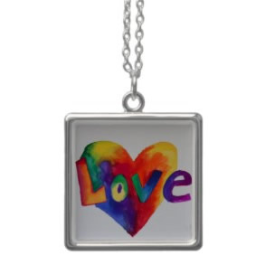 Love Rainbow Heart Watercolor Painting Silver Necklace Charms