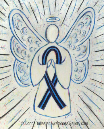 Blue and Black Awareness Ribbon Angel Art - The blue and black awareness ribbon is for Concern of Police Survivors (COPS) - Support Law Enforcement, anti-bullying and ocular melanoma (choroidal melanoma/ uveal melanoma) awareness.