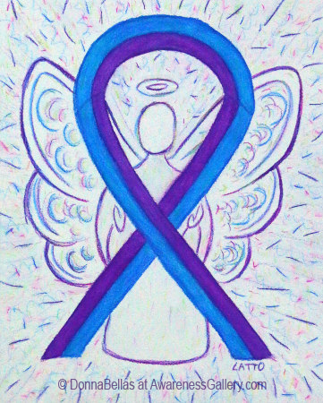Blue and Purple Awareness Ribbon Angel Art - The purple and blue awareness ribbon means support for pediatric stroke and rheumatoid arthritis awareness