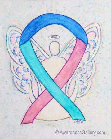 Thyroid Cancer Awareness Ribbon Angel Art - Thyroid Cancer uses a pink, teal and blue ribbon for its cause awareness.