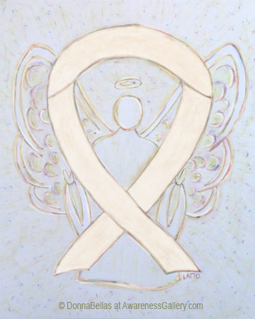 Cream or Ivory Awareness Ribbon Angel Art support includes paralysis, spinal cord injuries, spinal muscular atrophy, and spinal disorders. (Spinal cord injuries also use a green ribbon.) 