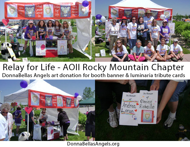 DonnaBellas Angels art donation for booth banner & luminaria tribute cards for Relay for Life cancer fundraiser by AOII Rocky Mountain Alumnae Chapter