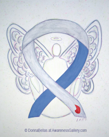 Blue and Gray with Blood Drop Type 1 Diabetes Awareness Ribbon Angel Art for means support for Type 1 diabetes or Insulin Dependent Diabetes Mellitus (IDDM)