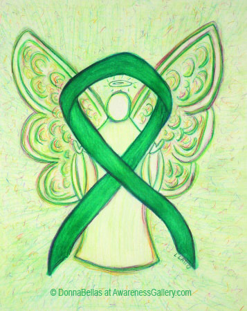 Green Awareness Ribbon Angel Art support includes adrenal cancer, celiac disease, bipolar disorder, environmental protection, bone marrow donation, kidney disease, cerebral palsy, literacy, arthritis (USA), tissue donation, organ transplant, stem cell transplant, spinal cord injury, depression, mental health, Traumatic Brain Injuries (TBI), mitochondrial disease, Clostridium difficile (C.diff.) and missing children to name a few