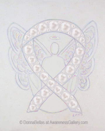 Lung Diseases Pearl White Awareness Ribbon Angel Art supports diseases such as such as Emphysema, Lung Cancer, or Mesothelioma