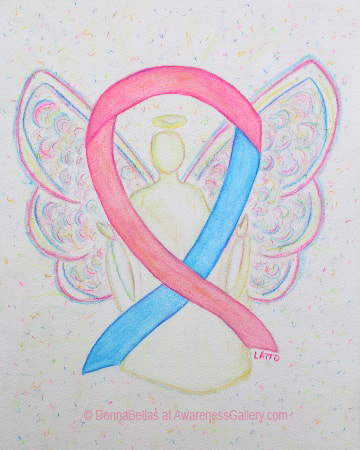 Pink and Blue Awareness Ribbon Angel Art supports infertility, birth defects, sudden infant death syndrome (SIDS), stillbirth, infant loss, miscarriage, premature birth, baby safe haven, twin to twin transfusion syndrome (TTTS), amniotic fluid embolism, clubfoot, and male breast cancer awareness