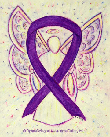 Purple Awareness Ribbon Angel Art support includes Pancreatic Cancer, Crohn's Disease and Colitis, Alzheimer's Disease, Anti-Gay Bullying (Spirit Day), Cancer Survivor (All Kinds), Domestic Violence, Lupus, Sjögren's Syndrome, Chronic Pain, Leiomyosarcoma, Arnold-Chiari Malformation, Migraines, Cystic Fibrosis, Retinitis Pigmentosa, and Fibromyalgia