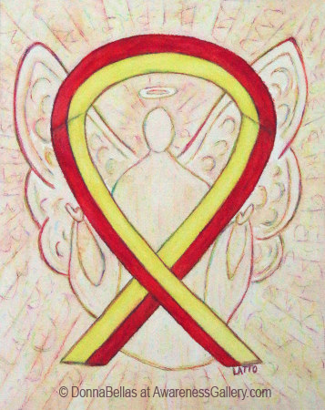 Red and Yellow Awareness Ribbon Angel Art supports hepatitis C (HCV), HIV/HCV Co-Infection and Surviving family members of Suicide victims awareness